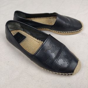 Tory Burch Perforated Logo Espadrille Flat Shoes Black Leather Size 8.5